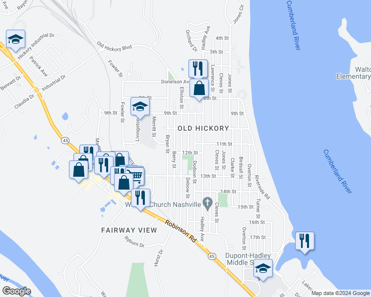 map of restaurants, bars, coffee shops, grocery stores, and more near 1104 Debow Street in Nashville