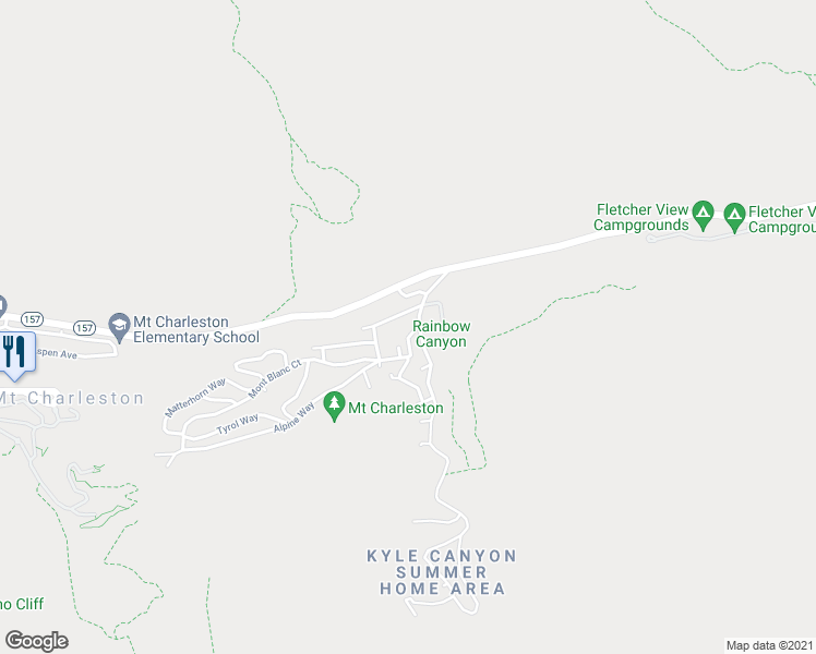 map of restaurants, bars, coffee shops, grocery stores, and more near 233 Ski Trail Road in Mount Charleston