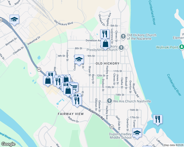 map of restaurants, bars, coffee shops, grocery stores, and more near 1106 Berry Street in Nashville