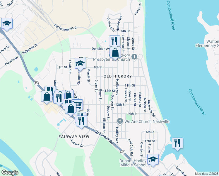 map of restaurants, bars, coffee shops, grocery stores, and more near 1105 Debow Street in Nashville