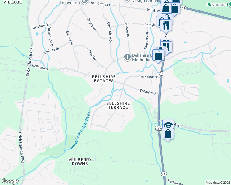 map of restaurants, bars, coffee shops, grocery stores, and more near 112 Tuckahoe Square West in Nashville