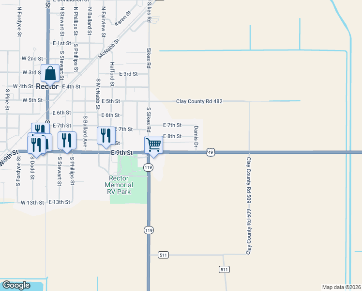 map of restaurants, bars, coffee shops, grocery stores, and more near 882 East 9th Street in Rector