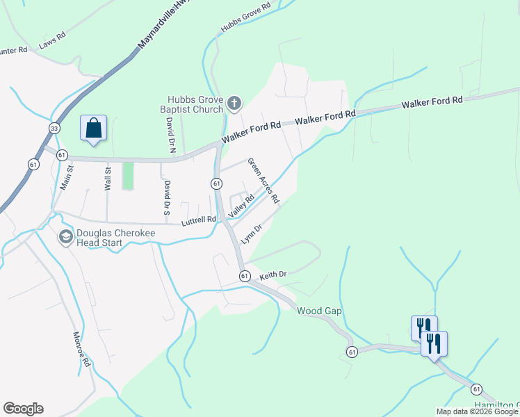map of restaurants, bars, coffee shops, grocery stores, and more near 126 Spring Branch Drive in Maynardville