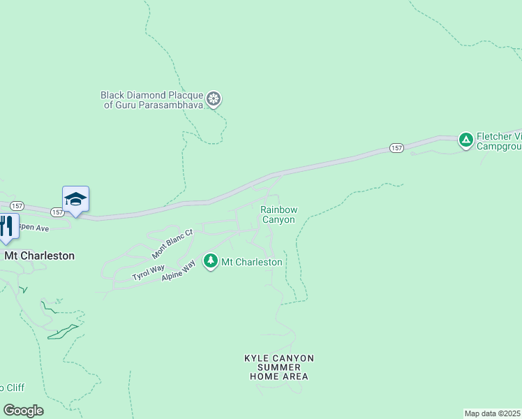 map of restaurants, bars, coffee shops, grocery stores, and more near 223 Rainbow Canyon Boulevard in Mount Charleston