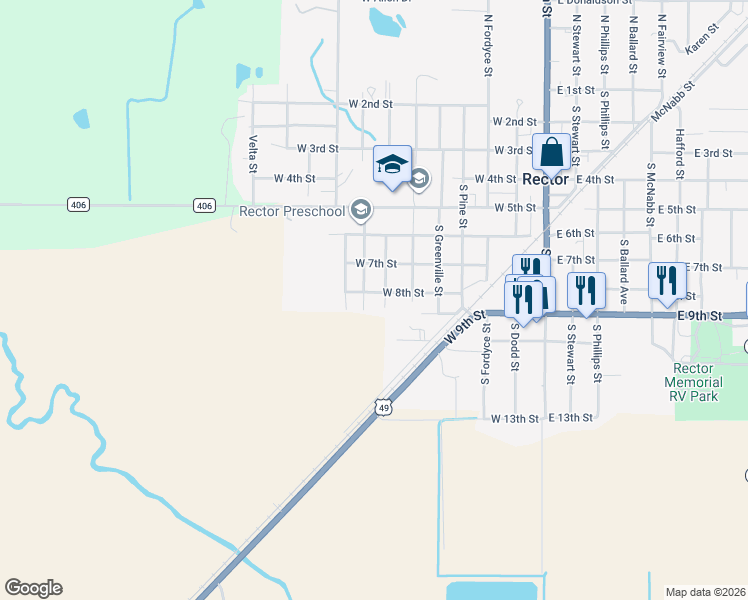 map of restaurants, bars, coffee shops, grocery stores, and more near 707 West 8th Street in Rector