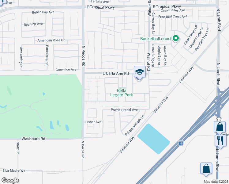 map of restaurants, bars, coffee shops, grocery stores, and more near 3656 Bella Legato Avenue in North Las Vegas