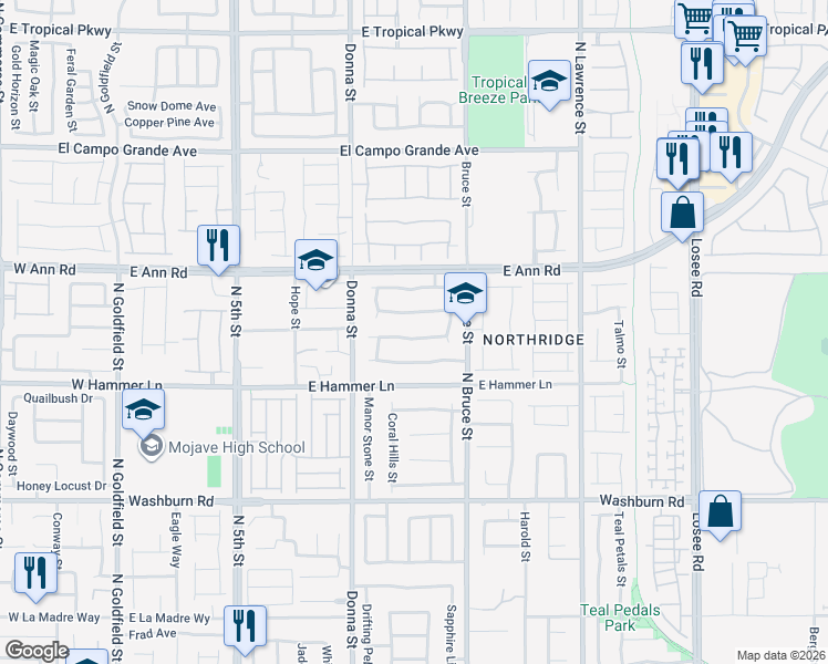 map of restaurants, bars, coffee shops, grocery stores, and more near 1104 Windy Ferrell Avenue in North Las Vegas