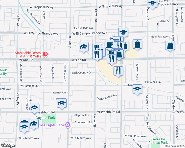 map of restaurants, bars, coffee shops, grocery stores, and more near 3317 Back Country Drive in North Las Vegas