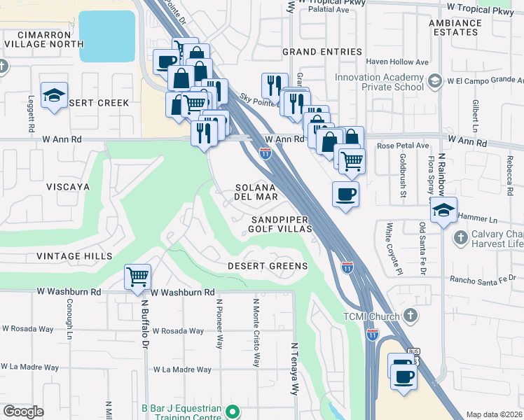 map of restaurants, bars, coffee shops, grocery stores, and more near 7295 Diamond Canyon Lane in Las Vegas