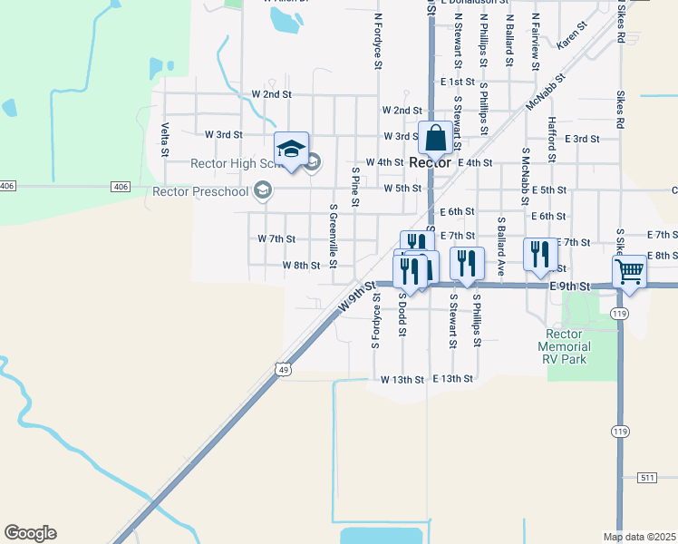 map of restaurants, bars, coffee shops, grocery stores, and more near 415 W 8th St in Rector