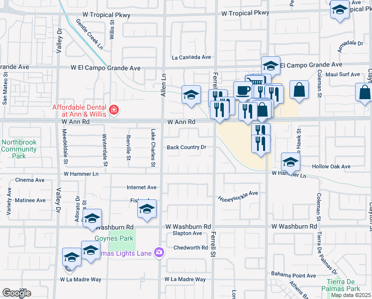 map of restaurants, bars, coffee shops, grocery stores, and more near 3429 Back Country Drive in North Las Vegas