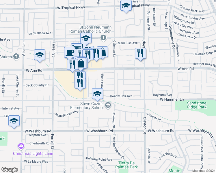 map of restaurants, bars, coffee shops, grocery stores, and more near 2421 Sunrise Springs Court in North Las Vegas