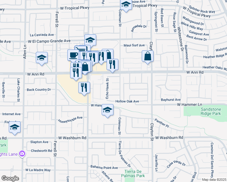 map of restaurants, bars, coffee shops, grocery stores, and more near 2421 Sunrise Springs Court in North Las Vegas