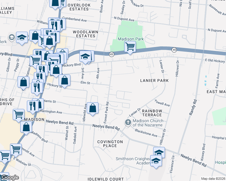 map of restaurants, bars, coffee shops, grocery stores, and more near 311 Forest Park Road in Nashville