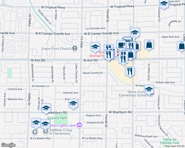 map of restaurants, bars, coffee shops, grocery stores, and more near 3429 Back Country Drive in North Las Vegas