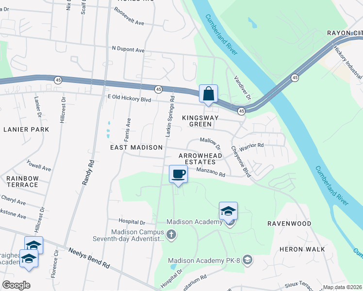 map of restaurants, bars, coffee shops, grocery stores, and more near 305 Warrior Road in Nashville