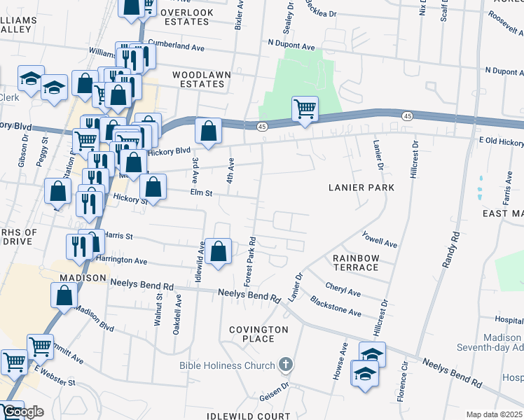 map of restaurants, bars, coffee shops, grocery stores, and more near 311 Forest Park Road in Nashville