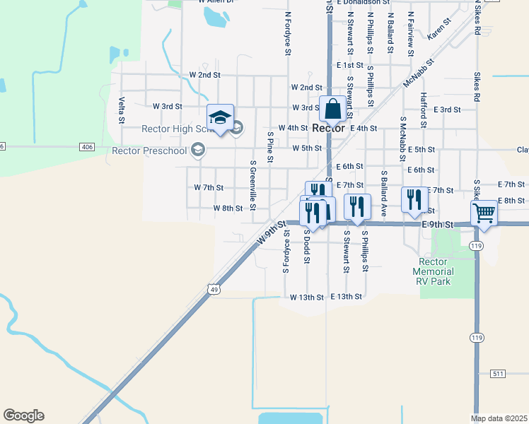 map of restaurants, bars, coffee shops, grocery stores, and more near 415 W 8th St in Rector