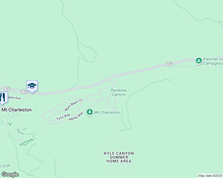 map of restaurants, bars, coffee shops, grocery stores, and more near 223 Rainbow Canyon Boulevard in Mount Charleston