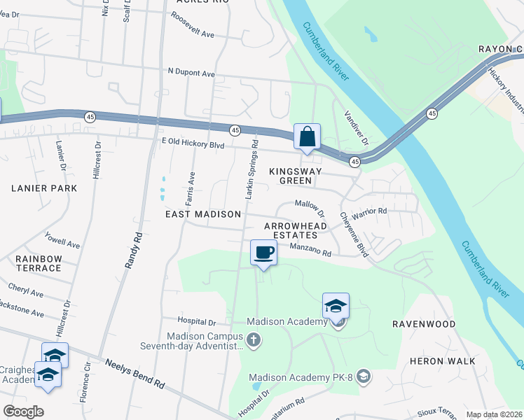 map of restaurants, bars, coffee shops, grocery stores, and more near 305 Warrior Road in Nashville