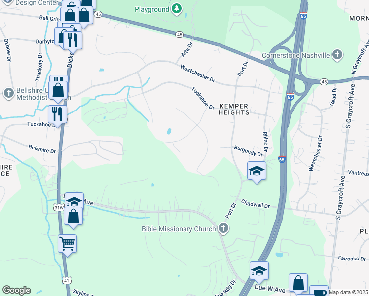 map of restaurants, bars, coffee shops, grocery stores, and more near 227 Foxboro Drive in Nashville