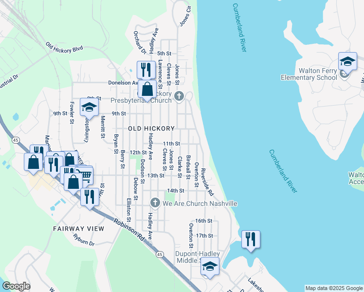 map of restaurants, bars, coffee shops, grocery stores, and more near 1101 Clarke Street in Nashville