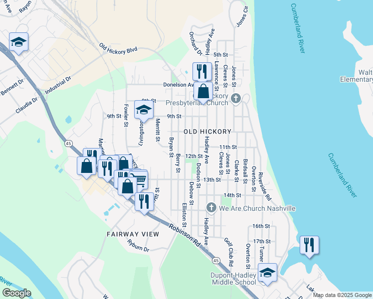 map of restaurants, bars, coffee shops, grocery stores, and more near 1105 Elliston St in Old Hickory