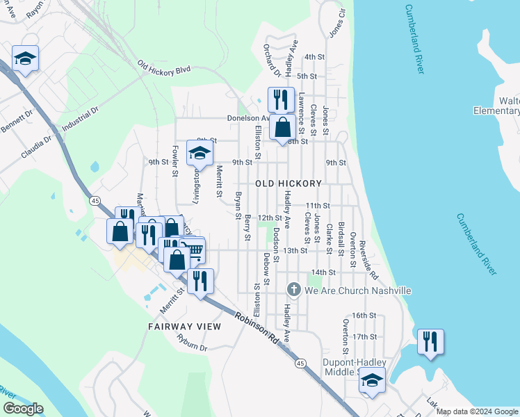 map of restaurants, bars, coffee shops, grocery stores, and more near 1105 Debow Street in Nashville