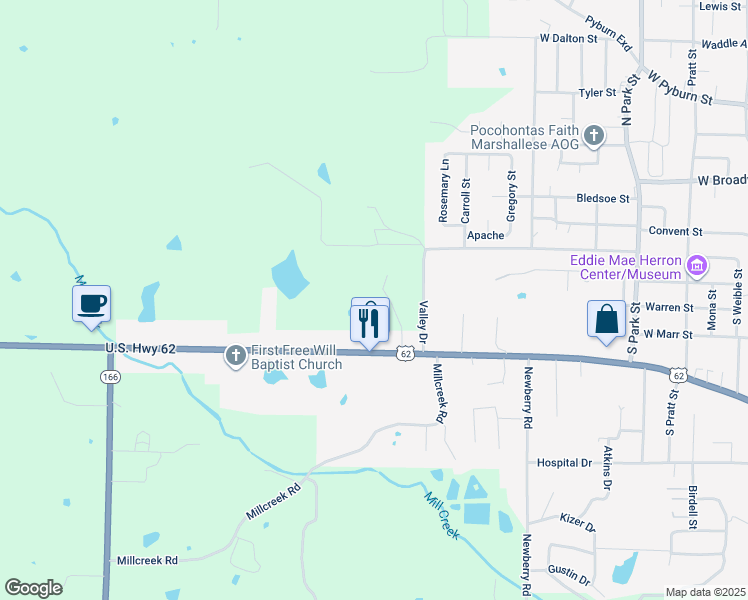 map of restaurants, bars, coffee shops, grocery stores, and more near 2503 Ridgeland Circle in Pocahontas