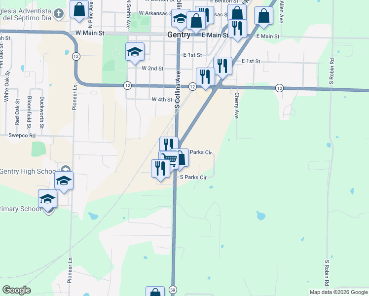 map of restaurants, bars, coffee shops, grocery stores, and more near 880 South Gentry Boulevard in Gentry