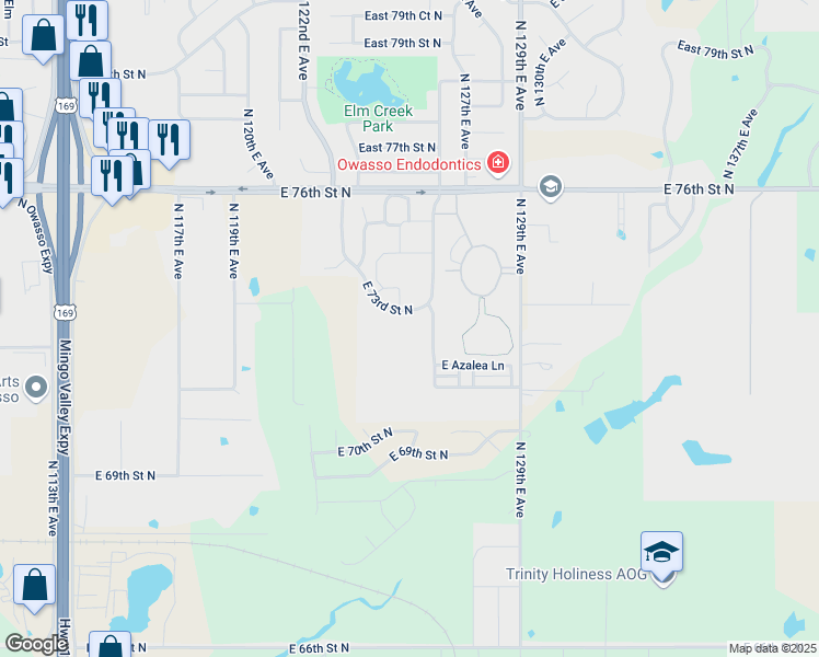 map of restaurants, bars, coffee shops, grocery stores, and more near 12514-12602 E 73rd St N in Owasso
