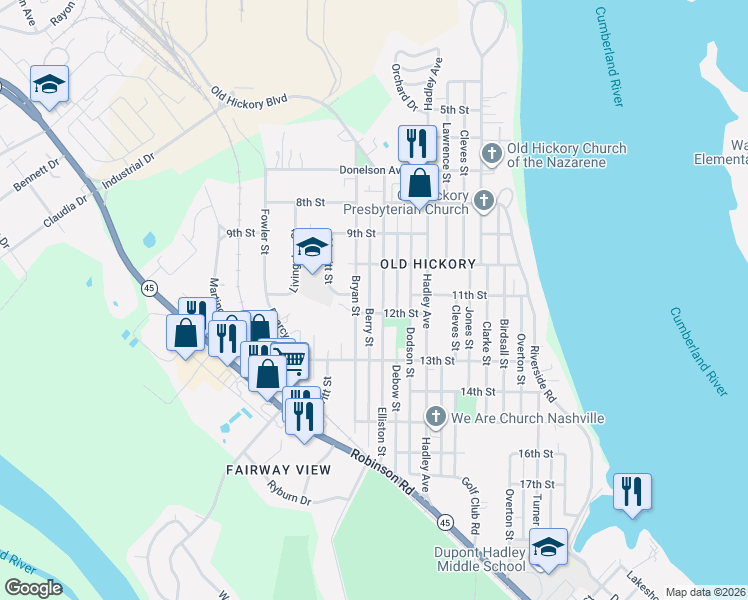 map of restaurants, bars, coffee shops, grocery stores, and more near 1106 Berry Street in Nashville