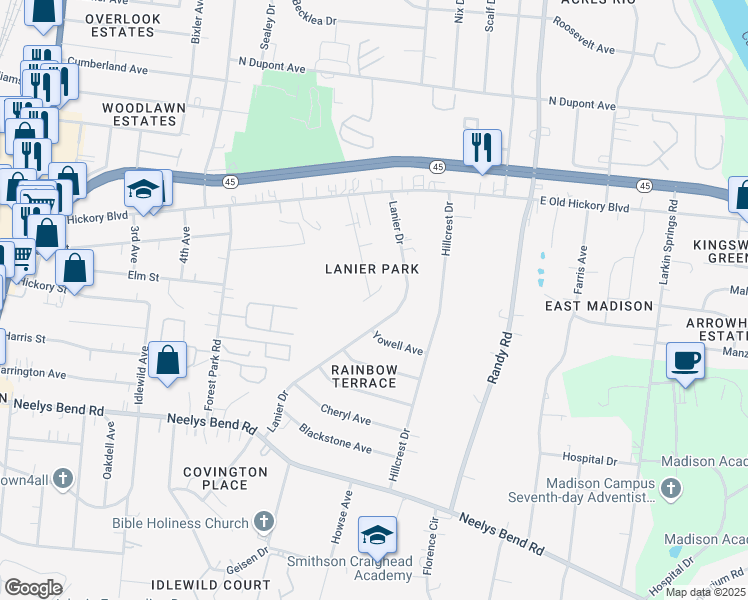 map of restaurants, bars, coffee shops, grocery stores, and more near 2320 Franco Road in Nashville