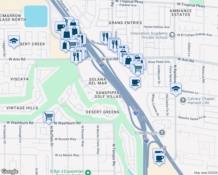 map of restaurants, bars, coffee shops, grocery stores, and more near 5429 Painted Mirage Road in Las Vegas