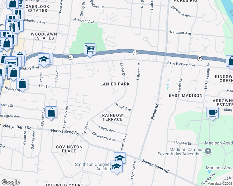 map of restaurants, bars, coffee shops, grocery stores, and more near 2320 Franco Road in Nashville
