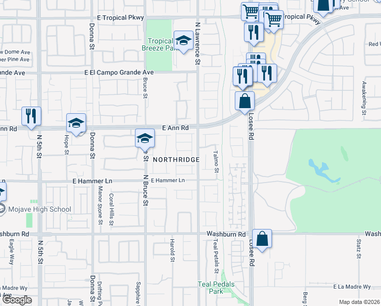 map of restaurants, bars, coffee shops, grocery stores, and more near 5442 Caesars Tower Street in North Las Vegas