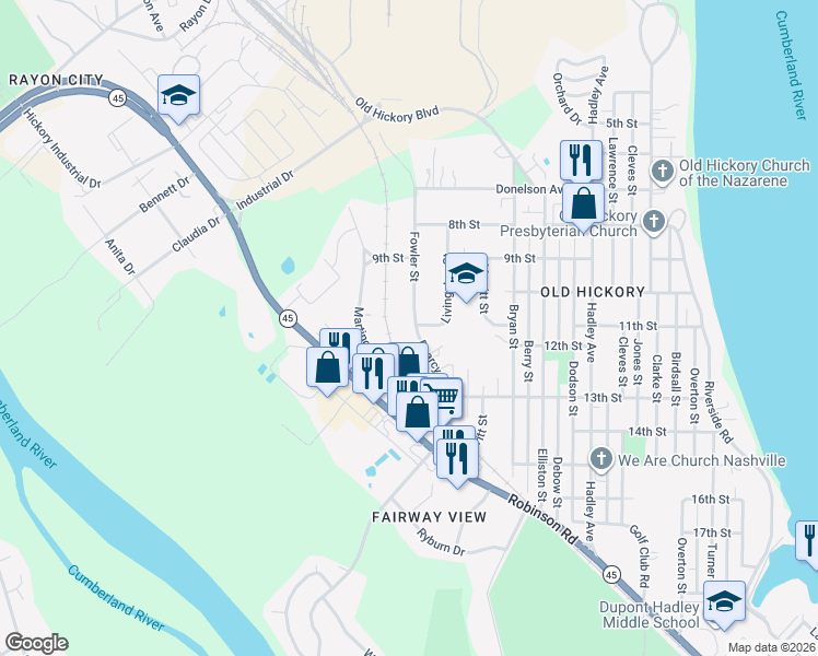 map of restaurants, bars, coffee shops, grocery stores, and more near 1100 Fowler Street in Nashville