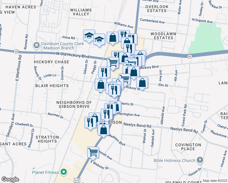 map of restaurants, bars, coffee shops, grocery stores, and more near in Nashville