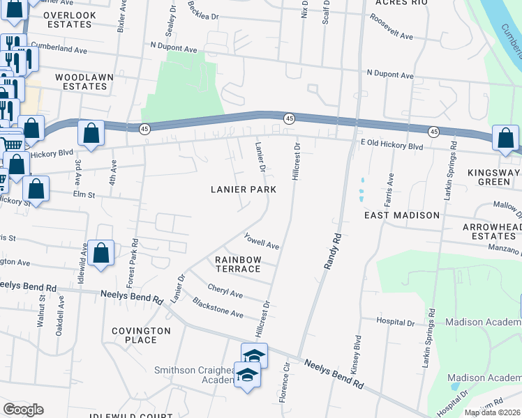map of restaurants, bars, coffee shops, grocery stores, and more near 245B Lanier Drive in Nashville