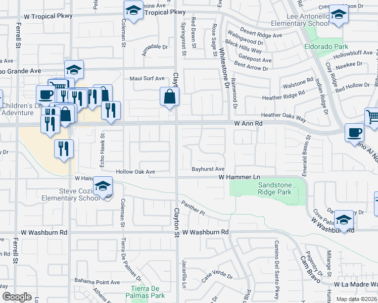 map of restaurants, bars, coffee shops, grocery stores, and more near 5445 Pipers Stone Street in North Las Vegas