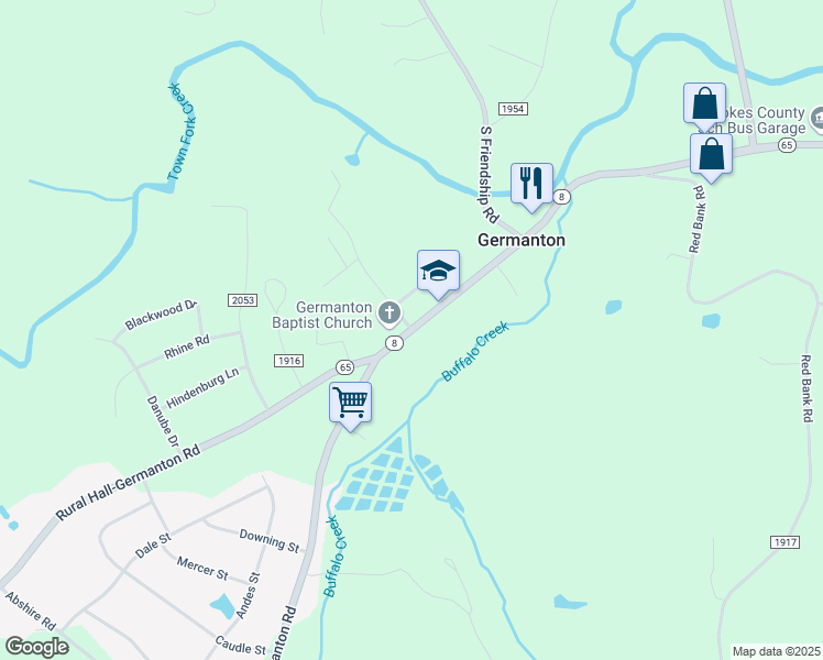 map of restaurants, bars, coffee shops, grocery stores, and more near NC-65 & Styers St in Germanton