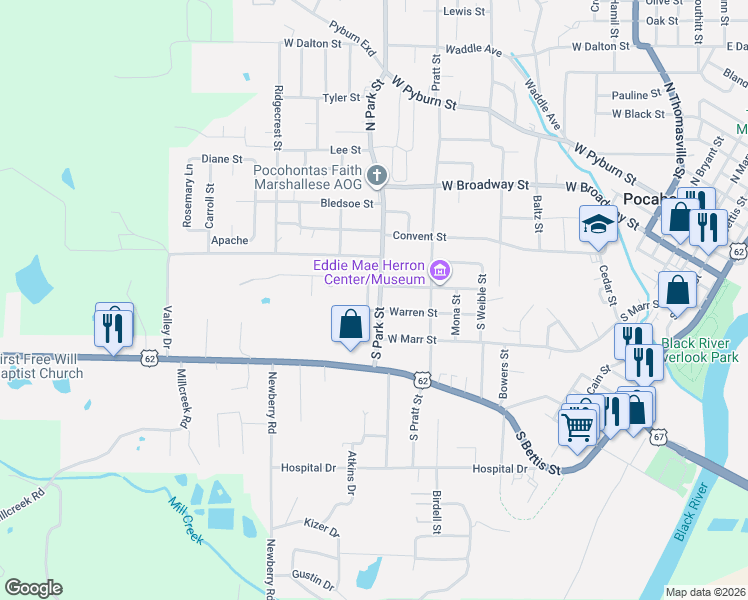 map of restaurants, bars, coffee shops, grocery stores, and more near 511 South Park Street in Pocahontas
