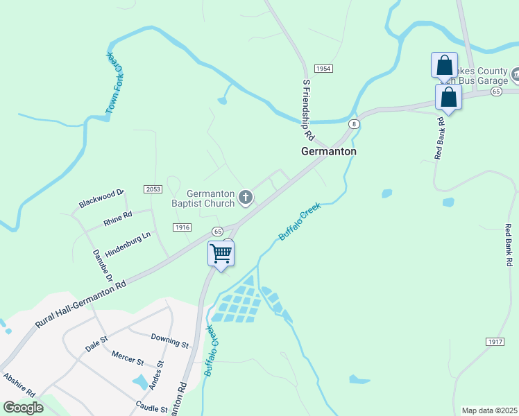 map of restaurants, bars, coffee shops, grocery stores, and more near NC-65 & Styers St in Germanton