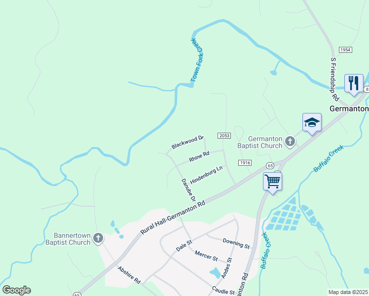 map of restaurants, bars, coffee shops, grocery stores, and more near 1050 Blackwood Drive in Germanton