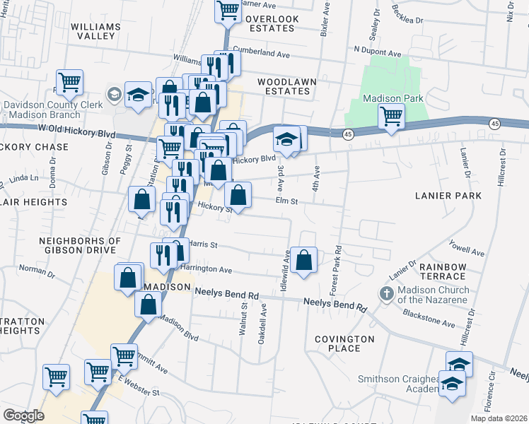 map of restaurants, bars, coffee shops, grocery stores, and more near 305 Hickory Street in Nashville