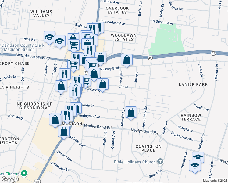 map of restaurants, bars, coffee shops, grocery stores, and more near 228 Hickory Street in Nashville