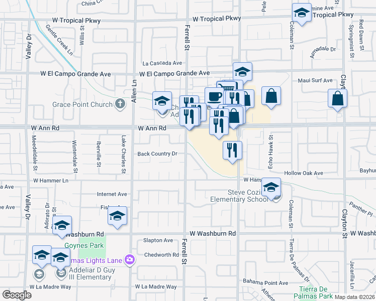 map of restaurants, bars, coffee shops, grocery stores, and more near 3317 Back Country Drive in North Las Vegas