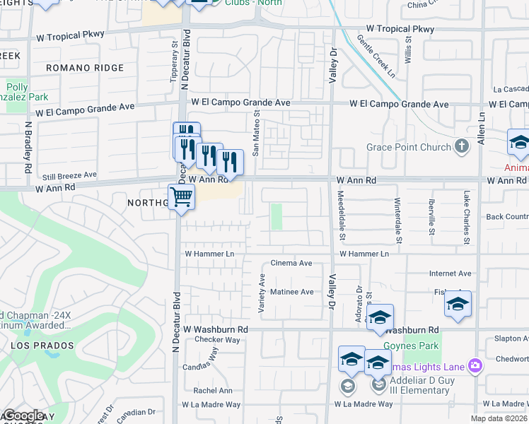 map of restaurants, bars, coffee shops, grocery stores, and more near 4413 Sparkle Crest Avenue in North Las Vegas
