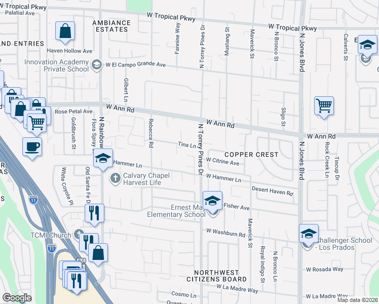 map of restaurants, bars, coffee shops, grocery stores, and more near 5421 Rhett Street in Las Vegas