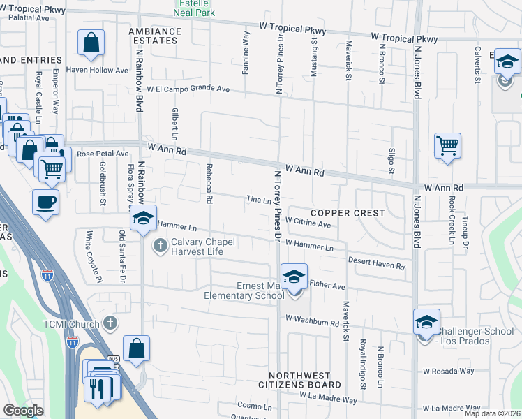 map of restaurants, bars, coffee shops, grocery stores, and more near 5421 Rhett Street in Las Vegas